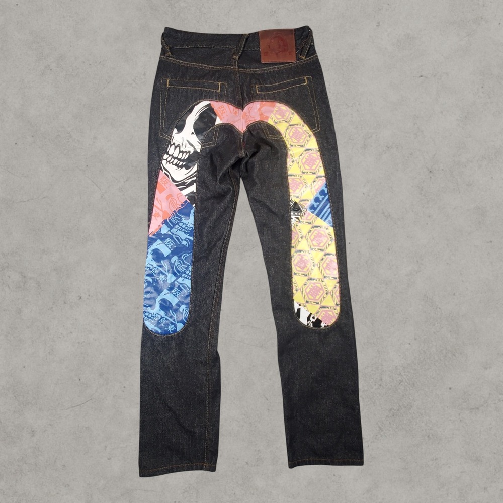 Evisu Daicock Jeans Mens 28x32 Dark Wash Raw Denim Skull Collage Graphic Grunge